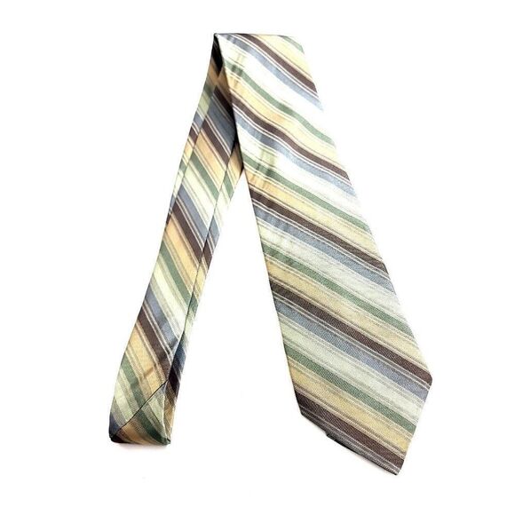 Calvin Klein Green Tan Multi-Colored Woven Striped Silk Tie - Picture 6 of 6